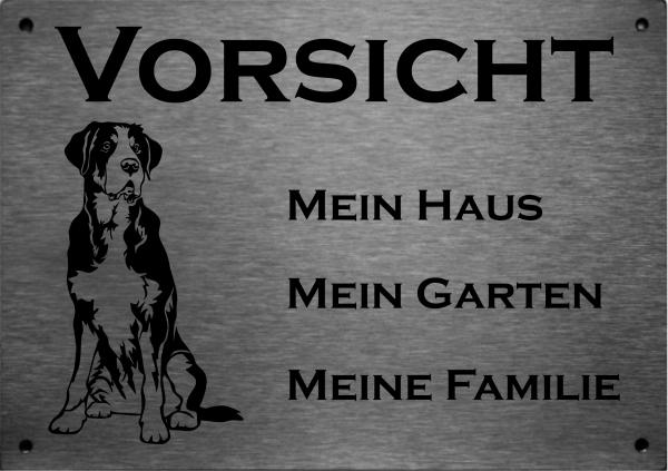 Edelstahl Warnschild Großer Schweizer Sennenhund VORSICHT Mein Haus mein Garten meine Familie